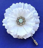 2.25" White Zinnia Carnation Rhinestone Cabochon Silk Flower Stick Lapel Pin