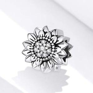 Charms for pandora bracelet, Sunflower CZ Charm, 925 Sterling Silver