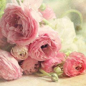 pink ranunculus fine art print,shabby chic decor, "The first bouquet",pastel photograph,floral photography,pink,green,flowers,square print