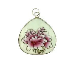 Pendant Pink Floral White Teardrop Shape Edged in Silver Color Metal Peony
