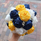 Satin Rose Bouquet,  Ribbon Rose Bouquet, Navy & Yellow satin rose accented with rhinestone