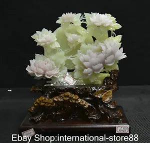 14" Chinese Natural Xiu Green Jade Carving Peach Peony Flower Wood Base Statue