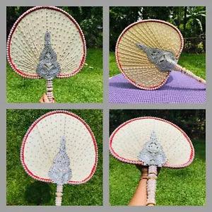 Monk Natural Dried Bamboo Palm Leaf Hand Fan Artificial Flower Buddhist Ornament