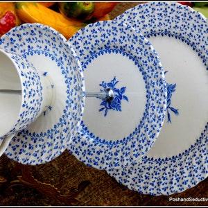 Three tier English Ironstone cake stand Victorian Rose Bouquet floral chintz blue&white transferware pattern afternoon tea chic centrepiece