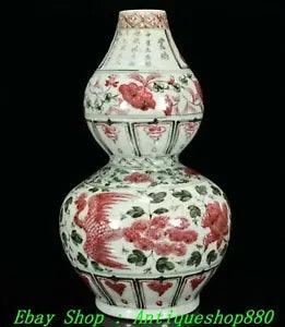 14"Old Ming Blue White Red Porcelain Phoenix Play Peony Flower Vase Bottle
