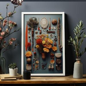 Boho Style Flat Lay Art Print - Dried Flowers, Nuts, and Woven Objects - Aesthetic Home Decor