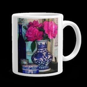 Mottahedeh ginger jar coffee mug, Pink peony bouquet soup mug, Chinoiserie vase tea cup, Oriental botanical print teacup, Fushcia flowers