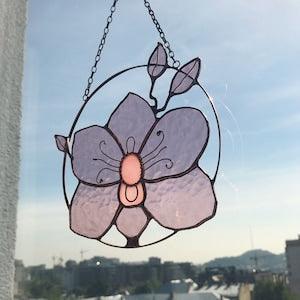 Pink Stained glass Flower Suncatcher Orchid. Home Decor Pendant Garden Window Wall Hangings. Mothers Day gift