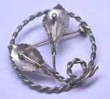 VINTAGE STERLING SILVER 3-D CALLA LILY FLOWER 1.25" CIRCLE PIN IN TWIST FRAME