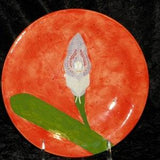 Hand Painted Ceramic Orchidware Small Plate - Anguloa Orchid on orange background, art piece; orchids, flowers, plants, decor