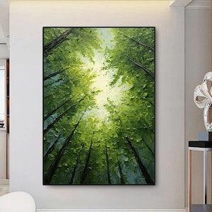 Original Green Forest Painting On Canvas 3D Abstract Textured Wall Art Skyward View Trees Art Living Room Art Natural Scenery Painting