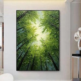 Original Green Forest Painting On Canvas 3D Abstract Textured Wall Art Skyward View Trees Art Living Room Art Natural Scenery Painting
