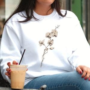Orchid Crewneck Sweatshirt, Floral Sweatshirt, Vintage Floral Sweater, Boho Nature Sweater
