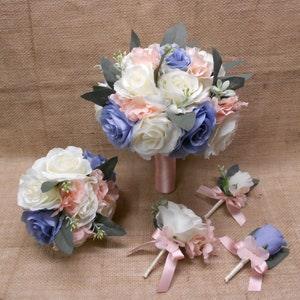 Wedding Silk Flower Bridal Bouquets 18 pcs Package Ivory Pink Blush Dusty Blue Rose Toss Bridesmaids  Boutonnieres Corsages New