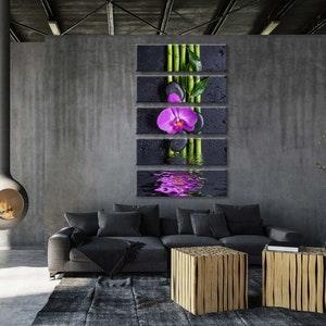 Pink Orchid Flower Canvas, Few Stems of Lucky Bamboo Decor, Spa Wall Art
