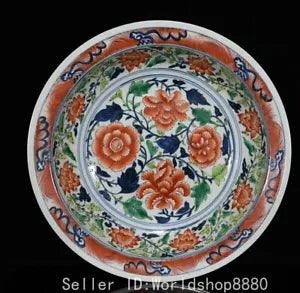 18.2" Yuandai Old Chinese famille porcelain lotus flower tree peony pallet tray