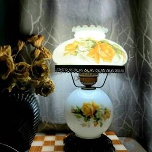 Gone With The Wind, Hurricane Lamp, 3 Way Lighting, Glass Parlor Table Lamp, Vintage Lamp, Milk Glass, Sunflower, Home Decor, Lighting,