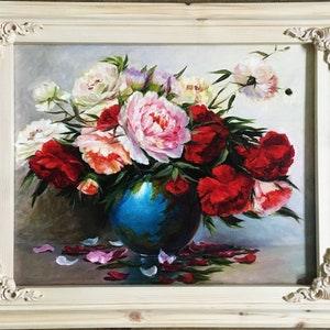 Artist Olga Begisheva K. Peonies Original Oil Peony Flower Bouquets. Floral Art for Living, Bedroom, Kitchen Dining Wall Decor OBK ART