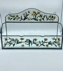 Vintage Dried Flower Pressed Pewter Hanging Glass Bill Holder Letter Organizer
