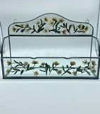 Vintage Dried Flower Pressed Pewter Hanging Glass Bill Holder Letter Organizer