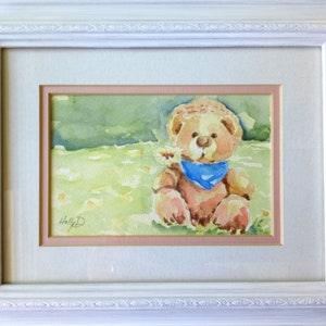 Teddy Bear Framed Painting- Handpainted Original Watercolour - White Wooden Frame with Mat - Not a Print - Picture for New Baby - Nursey