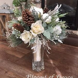 White wedding bouquet, bride bouquet, bridesmaid bouquet, rustic wedding flowers, pinecone bouquet, winter bouquet, for sale or rent.