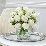 White Roses Arrangement in Square Glass Vase, Artificial Faux Silk Rose Centerpiece, Faux Florals for Table, Dining Room and Home Decor