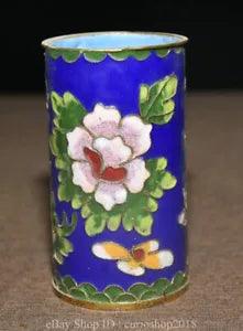 4 "Ancient China Cloisonne enamel Bronze Dynasty Peony Flower Brush Pot Pen Case