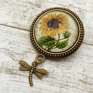 Sunflower brooch, summer jewelery, flower brooch, round, with Dragonfly Charm, Girls Accessories, gift for her