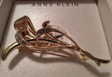 ANNE KLEIN Rhinestone Flower Brooch Pin Lily Shape 3" Goldtone New in Box NIB