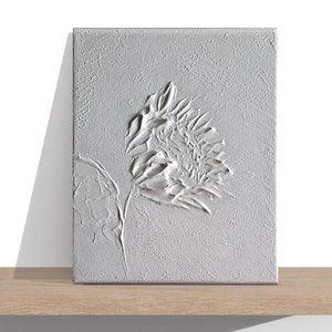 Sculptural white acrylic painting of abstract sunflower. Original textured palette knife art on small canvas. French wall decor gift.