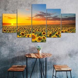 Sunflower Field Sunset Scene 5 Piece Canvas Wall Art Multi Panel Print Modern Poster Home Decor Picture Gift For Him For Her