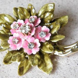 Early Coro Enamel and Crystals Brooch Flower and Leaves Bouquet in Gold Tone Figural Brooch