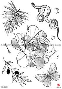 tribal flower tattoo snake peony flower big 8.25" temporary tattoo
