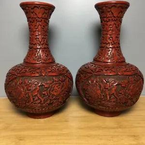 7.5" China Antique Old Qing dynasty mark Lacquer ware A pair peony flower Vase