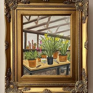 Greenhouse with Orchids on Potting Table Vintage Style Oil Painting--Comes framed!