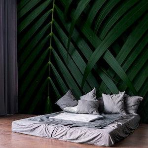 Dark tropical wallpaper with palm leaves, jungle wall mural, peel and stick, self adhesive wallpaper, wall decor