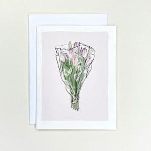 Grocery Store Pink Tulip Bouquet on a Dusty Rose Background, Watercolour Illustration, Blank Greeting Card