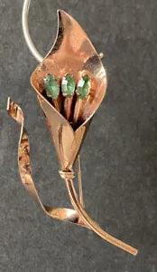 Vintage 3.5??? Coro Craft Sterling Peace Lily Flower Brooch Pin Green Crystals