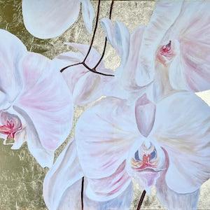 Orchids on Gold, Large Original Acrylic Painting with Metallic Golden Leaf on Canvas, Wall decor, Modern Art, Interior Artwork, Gift