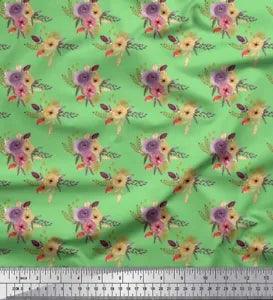 Soimoi Green Velvet Fabric Leaves & Ranunculus Floral Print Fabric-JWc