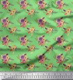 Soimoi Green Velvet Fabric Leaves & Ranunculus Floral Print Fabric-JWc