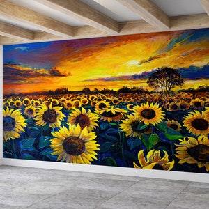 Removable Wall Decor, Contact Paper, Decor For Wall, Gift For Her, Sunflower Field Painting Wallpaper, Sunflower Wall Paper, Farmhouse Decor