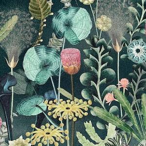 Herbarium Printed Cotton Fabric Sold by Metre Botanical Plants Water Lilly Teal Green Yellow