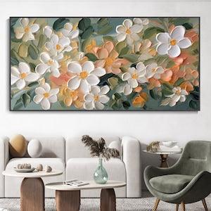 Blooming White Flowers Texture Art, Fashion Wall Decor Canvas Oil Painting Green Plants Landscape Painting Living Room Sofa Wall Decor Mural