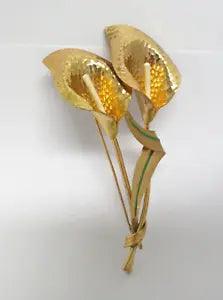 Calla Lily Flower Enamel Brooch Large Hammered Metal Dbl Gold White Green 4" Vtg