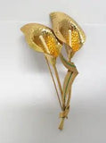 Calla Lily Flower Enamel Brooch Large Hammered Metal Dbl Gold White Green 4