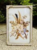 Vintage Gold Relief Metal Patten Frame with Raised Glass~Very Old Dried Flowers