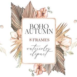 Boho Frames  Autumn Watercolor Flowers. Rust  Beige fall FLOWERS. Orchid Flowers Dry Palm Leaves Watercolor clipart.