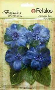 4 Vintage Peony BLUE 55-60mm + 3 Leaves VELVET - Botanica Pet L4f